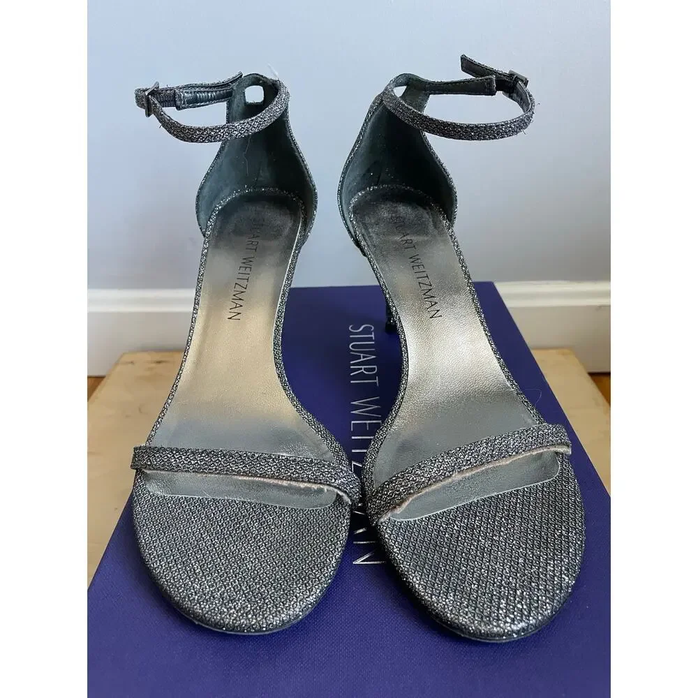 Stuart Weitzman Silver Naked Glitter Sandals 2.5